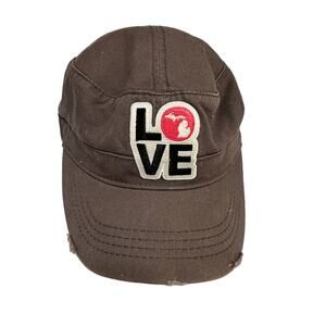 Otto Collecction LOVE Michigan Brown Distressed Baseball Hat Cap Womens Adj